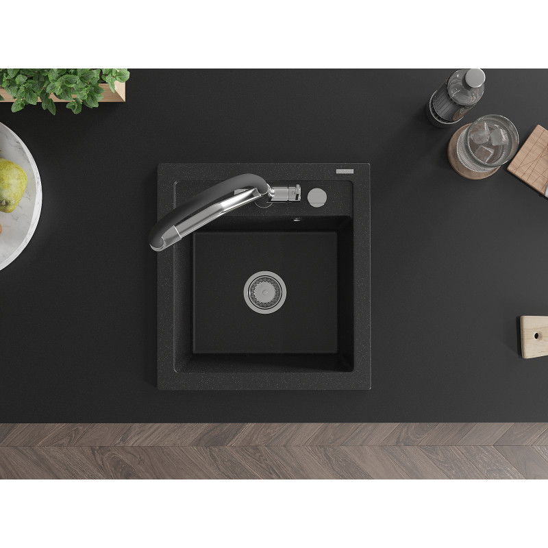 Mexen Vito gránit mosogató 1-kamrás Duo konyhai csapteleppel, fekete/ezüst metál - 6503-73-671701-07