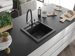 Mexen Vito 1 rekeszes gránit mosogató Duo konyhai csapteleppel, fekete/ezüst metál - 6503-73-671701-07-B