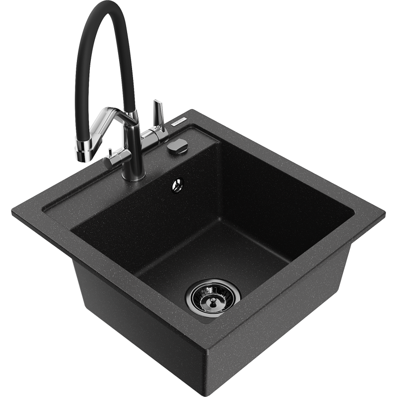 Mexen Vito chiuvetă din granit cu 1 compartiment și baterie de bucătărie Duo, negru/argintiu metalic - 6503-73-671701-07-B