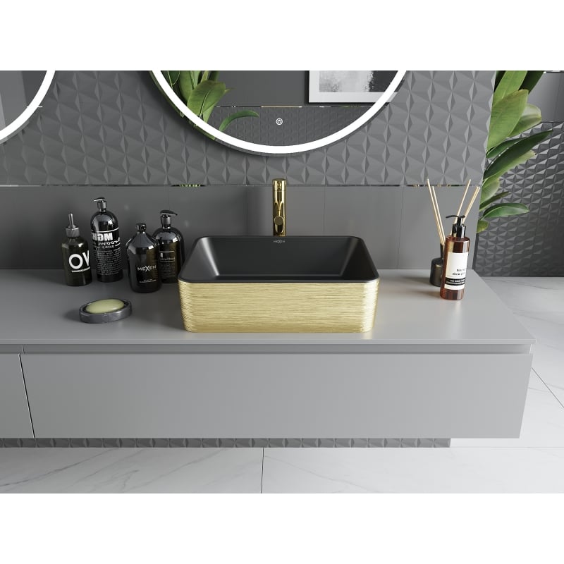 Mexen Catia chiuvetă de blat 48 x 37 cm, negru mat/auriu model linii - 21314877