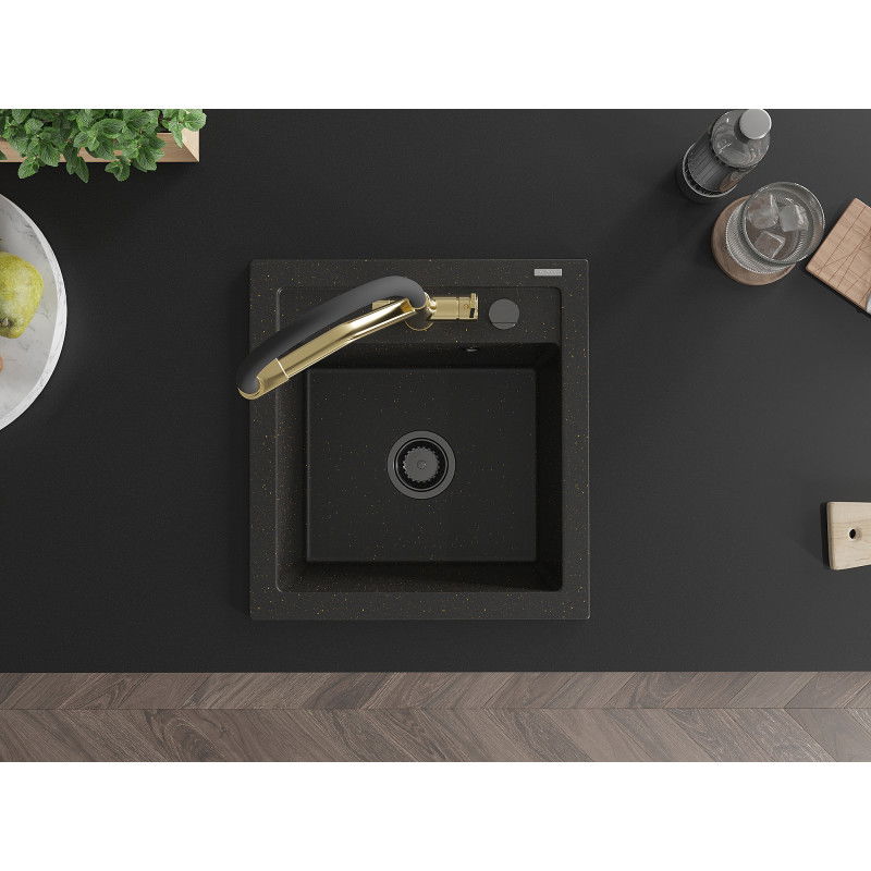 Mexen Vito chiuvetă de bucătărie granit cu 1 compartiment și baterie Duo, negru/oro metallic - 6503-75-671701-57-B
