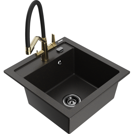 Mexen Vito chiuvetă de bucătărie granit cu 1 compartiment și baterie Duo, negru/oro metallic - 6503-75-671701-57-B