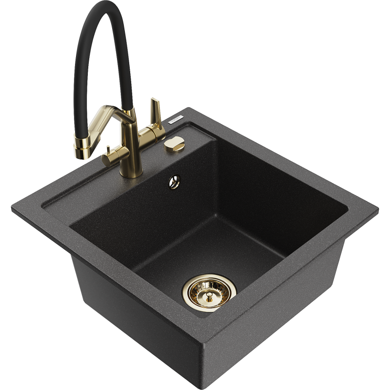 Mexen Vito chiuvetă de bucătărie din granit cu 1 compartiment și baterie Duo, negru cu pete - 6503-76-671701-57-G