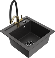 Mexen Vito chiuvetă de bucătărie din granit cu 1 compartiment și baterie de bucătărie Duo, negru pătat - 6503-76-671701-57-B