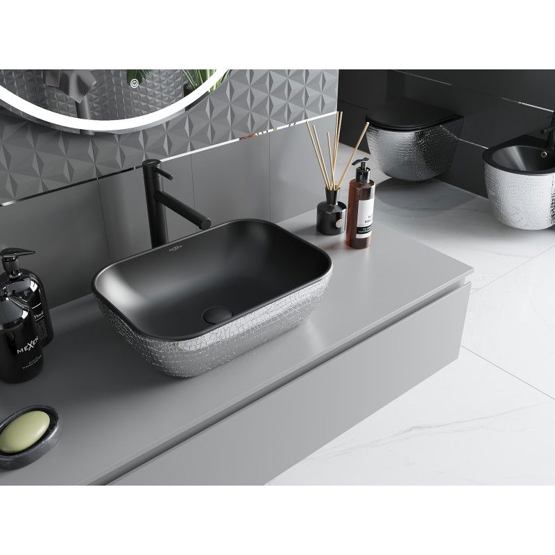 Mexen Rita chiuvetă deasupra blat 45 x 32 cm, negru mat/model argintiu solzi - 21084572