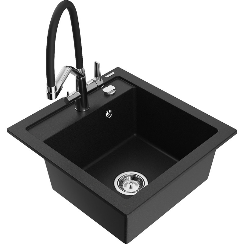 Mexen Vito chiuvetă de bucătărie din granit cu 1 cuvă și baterie de bucătărie Duo, negru - 6503-77-671701-07
