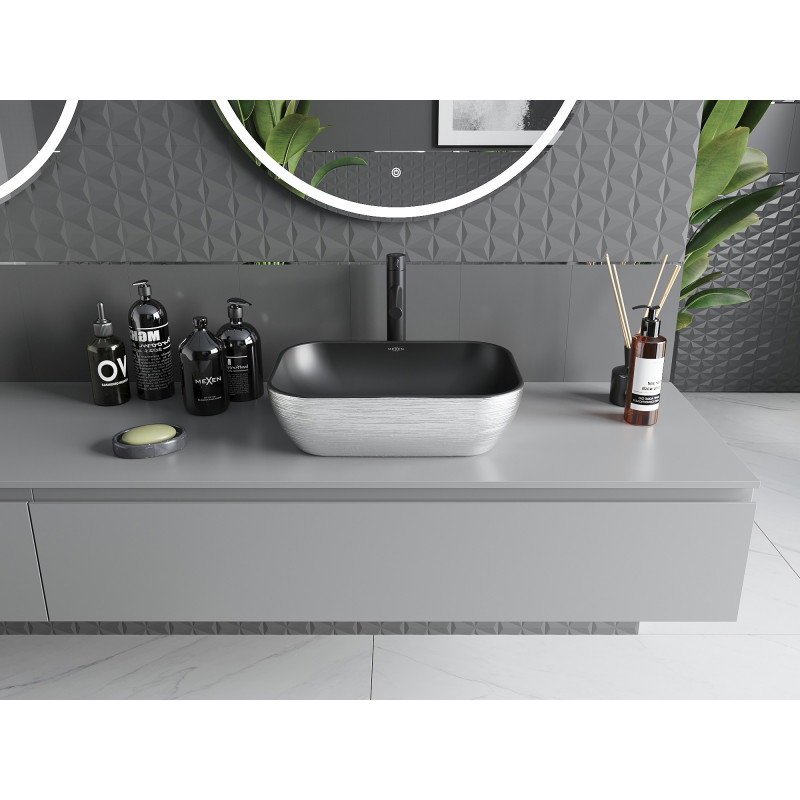 Mexen Rita chiuvetă de masă 45 x 32 cm, negru mat/argintiu model linii - 21084573
