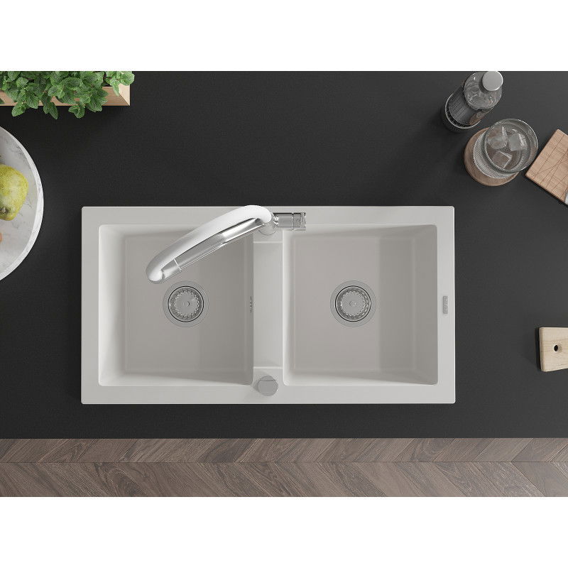 Mexen Mario gránit mosogató kétkamrás konyhai csapteleppel Duo, fehér - 6504-20-671701-02
