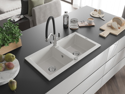 Mexen Mario chiuvetă granit 2-camere cu baterie de bucătărie Duo, alb - 6504-20-671701-07