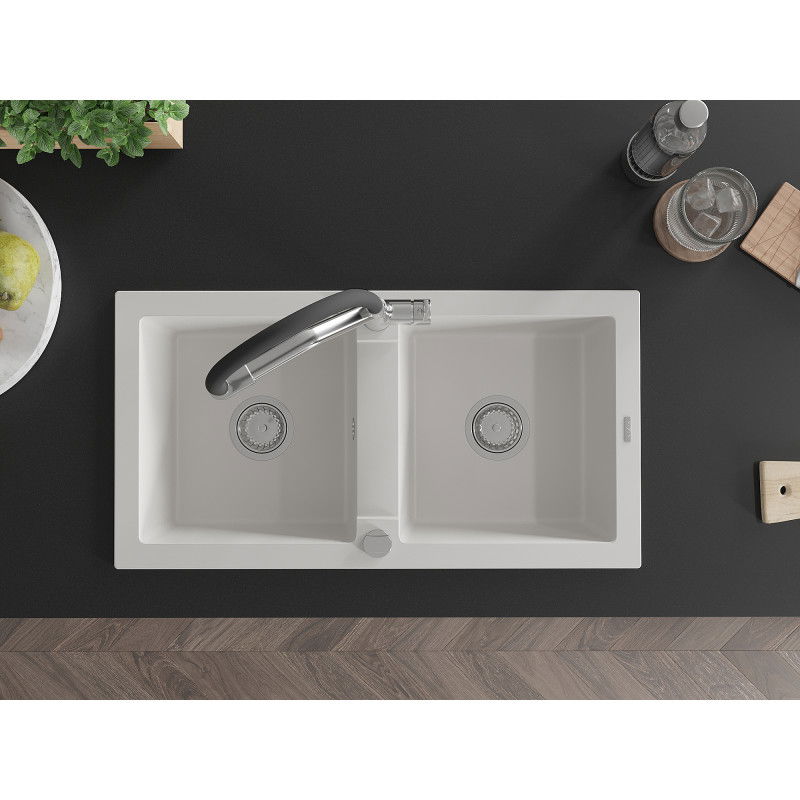 Mexen Mario chiuvetă granit 2-camere cu baterie de bucătărie Duo, alb - 6504-20-671701-07