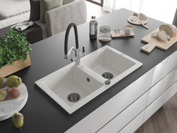 Mexen Mario chiuvetă din granit cu 2 compartimente cu baterie de bucătărie Duo, alb - 6504-20-671701-07-B