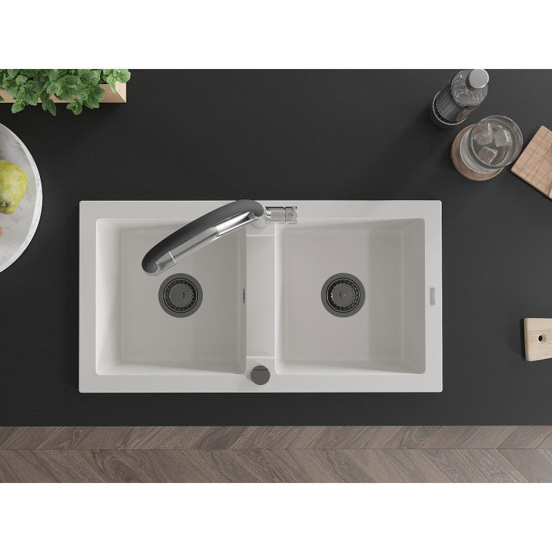Mexen Mario chiuvetă din granit cu 2 compartimente cu baterie de bucătărie Duo, alb - 6504-20-671701-07-B