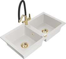 Mexen Mario gránit mosogató 2 rekeszes, Duo konyhai csapteleppel, fehér - 6504-20-671701-57-G