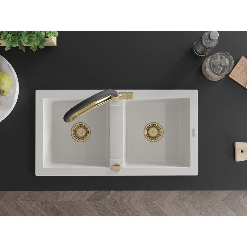 Mexen Mario gránit mosogató 2 rekeszes, Duo konyhai csapteleppel, fehér - 6504-20-671701-57-G