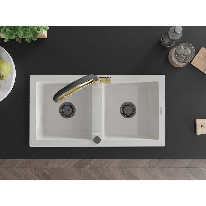 Mexen Mario chiuvetă din granit cu 2 compartimente și baterie de bucătărie Duo, alb - 6504-20-671701-57-B