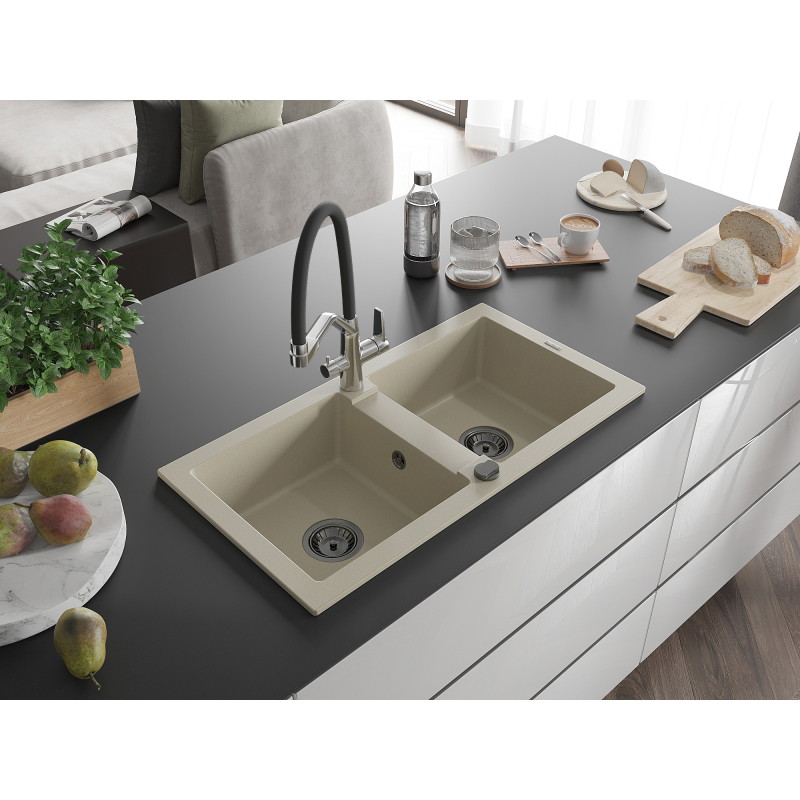 Mexen Mario chiuvetă de granit cu 2 compartimente și baterie de bucătărie Duo, bej - 6504-69-671701-07-B