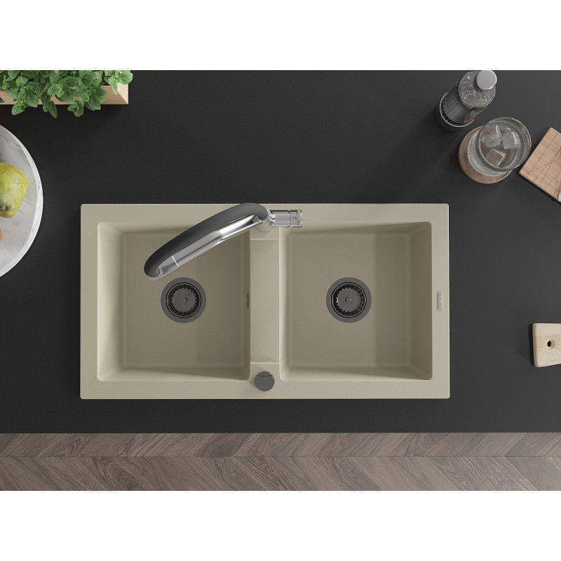 Mexen Mario chiuvetă de granit cu 2 compartimente cu baterie de bucătărie Duo, bej - 6504-69-671701-07-B