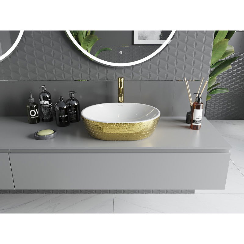 Mexen Viki chiuvetă de blat 48 x 35 cm, albă/aurie model solzi - 21054808