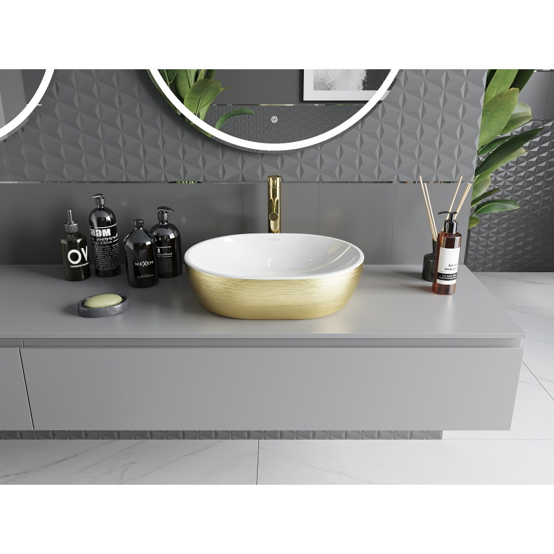 Mexen Viki chiuvetă deasupra blatului 48 x 35 cm, alb/auriu cu model de linii - 21054817