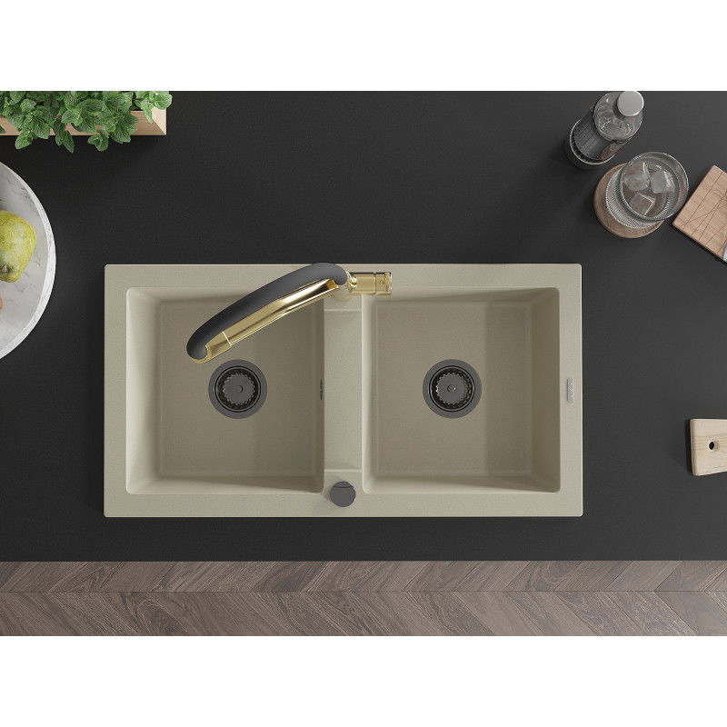 Mexen Mario gránit mosogató 2 rekeszes konyhai csapteleppel Duo, bézs - 6504-69-671701-57-B