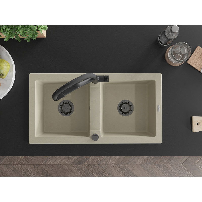 Mexen Mario 2 rekeszes gránit mosogató Duo konyhai csappal, bézs - 6504-69-671701-70-B