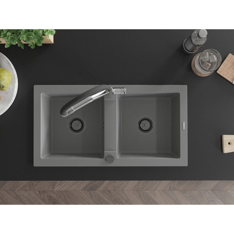 Mexen Mario chiuvetă de bucătărie din granit cu 2 compartimente și baterie Duo, gri - 6504-71-671701-07-B