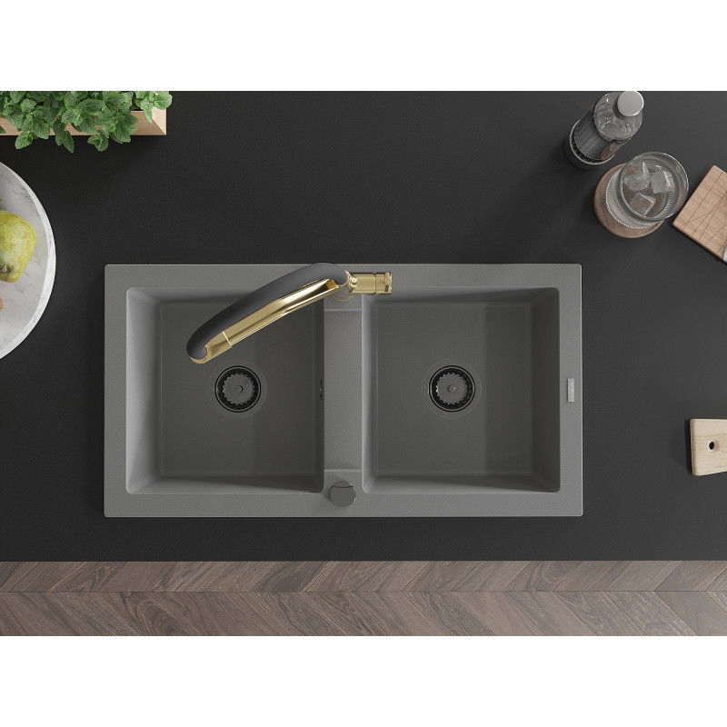 Mexen Mario dupla tálcás gránit mosogató Duo konyhai csapteleppel, szürke - 6504-71-671701-57-B