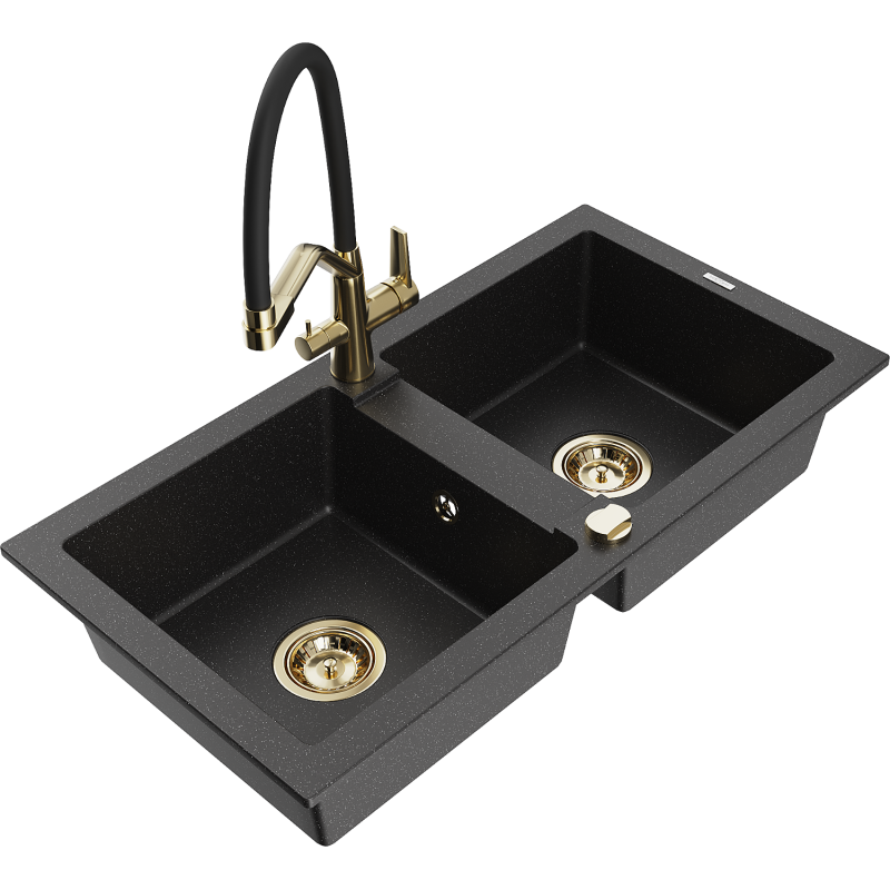 Mexen Mario chiuvetă de granit cu 2 compartimente cu baterie de bucătărie Duo, negru/metalizat argintiu - 6504-73-671701-57-G