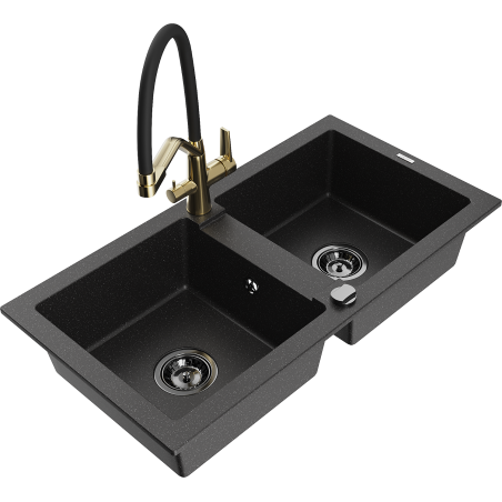 Mexen Mario chiuvetă de bucătărie din granit cu 2 compartimente și baterie Duo, negru/metalizat argintiu - 6504-73-671701-57-B