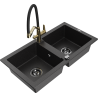 Mexen Mario chiuvetă de bucătărie din granit cu 2 compartimente și baterie Duo, negru/metalizat argintiu - 6504-73-671701-57-B