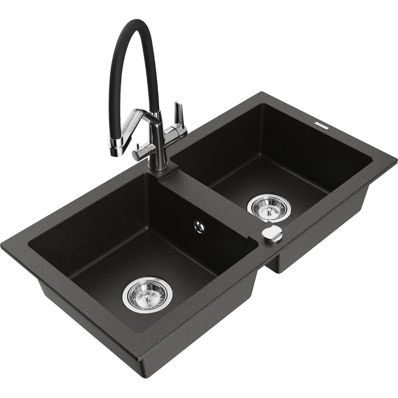 Mexen Mario chiuvetă de bucătărie din granit cu 2 compartimente și baterie Duo, negru/auriu metalizat - 6504-75-671701-07