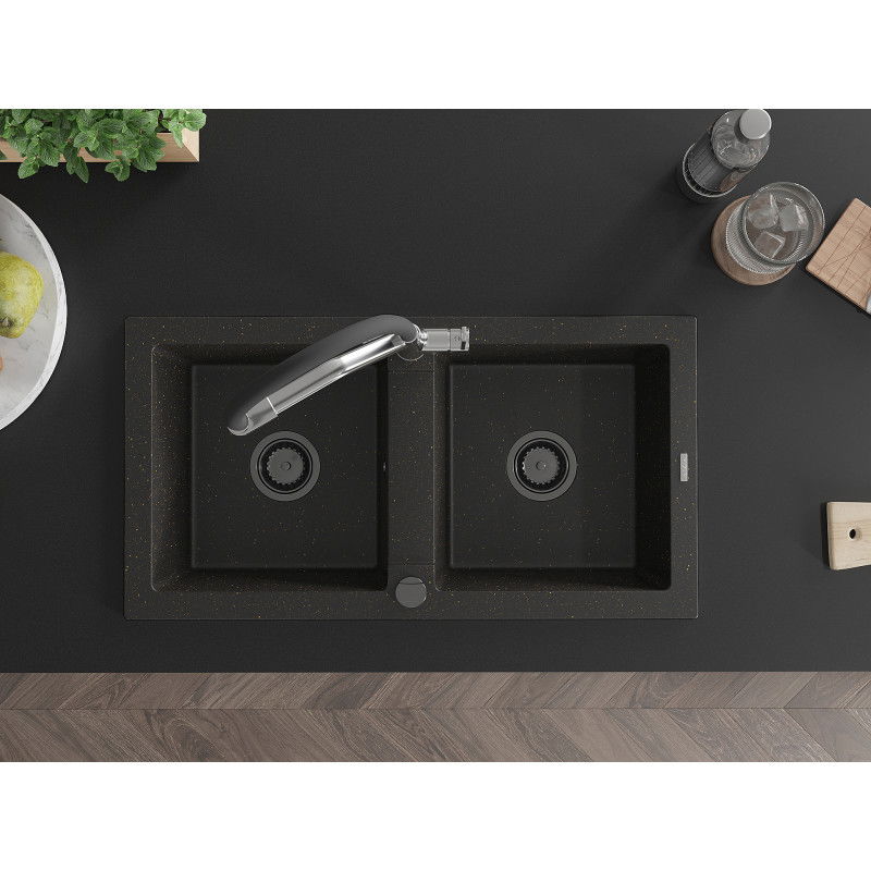 Mexen Mario 2 rekeszes gránit mosogató Duo konyhai csapteleppel, fekete/arany metál - 6504-75-671701-07-B