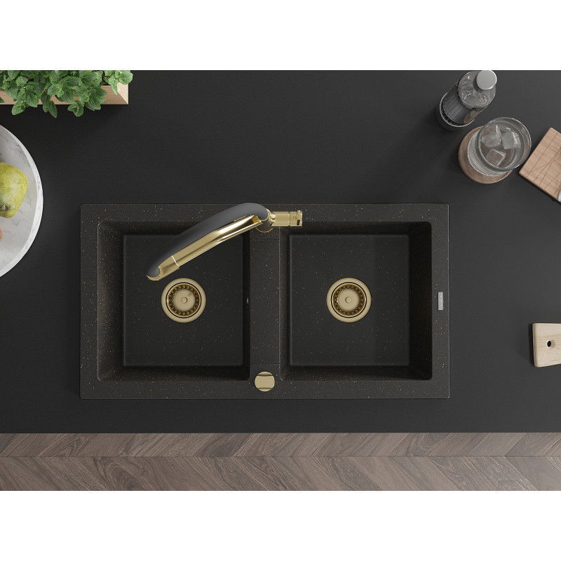 Mexen Mario chiuvetă de bucătărie dublă din granit cu baterie Duo, negru/auriu metalic - 6504-75-671701-57-G