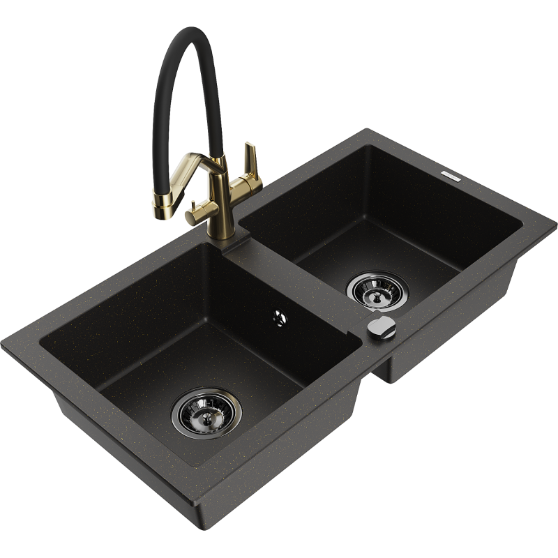 Mexen Mario chiuvetă de granit cu 2 compartimente și baterie de bucătărie Duo, negru/auriu metalic - 6504-75-671701-57-B