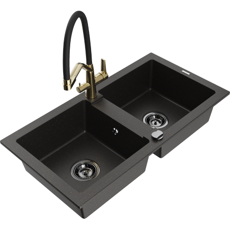 Mexen Mario chiuvetă de granit cu 2 compartimente și baterie de bucătărie Duo, negru/auriu metalic - 6504-75-671701-57-B