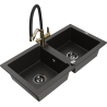 Mexen Mario chiuvetă de granit cu 2 compartimente și baterie de bucătărie Duo, negru/auriu metalic - 6504-75-671701-57-B