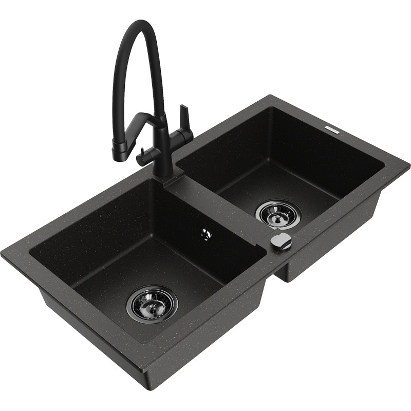 Mexen Mario gránit 2 rekeszes mosogató Duo konyhai csapteleppel, fekete/arany metál - 6504-75-671701-70-B