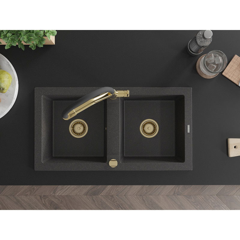 Mexen Mario gránit kétmedencés mosogató Duo konyhai csapteleppel, fekete pöttyös - 6504-76-671701-57-G