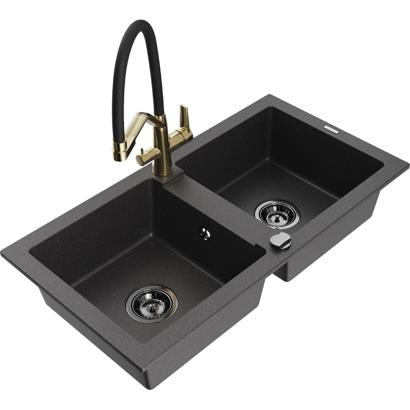 Mexen Mario chiuvetă de granit cu 2 compartimente și baterie de bucătărie Duo, negru picurat - 6504-76-671701-57-B