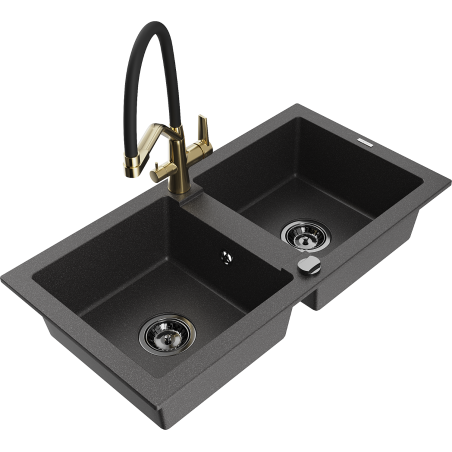 Mexen Mario chiuvetă de granit cu 2 compartimente și baterie de bucătărie Duo, negru picurat - 6504-76-671701-57-B