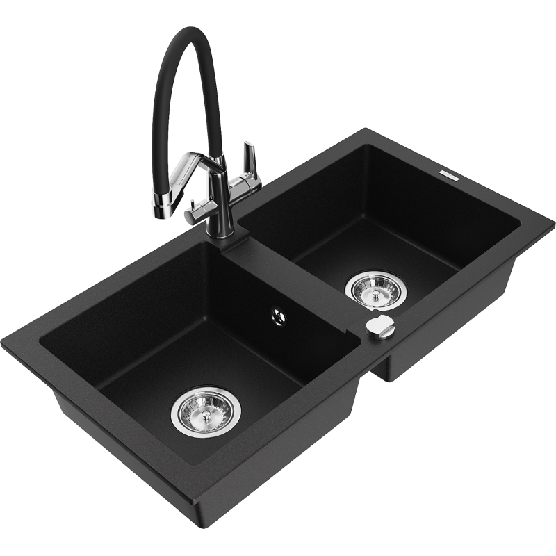 Mexen Mario 2-kamrás gránit mosogató konyhai csappal Duo, fekete - 6504-77-671701-07