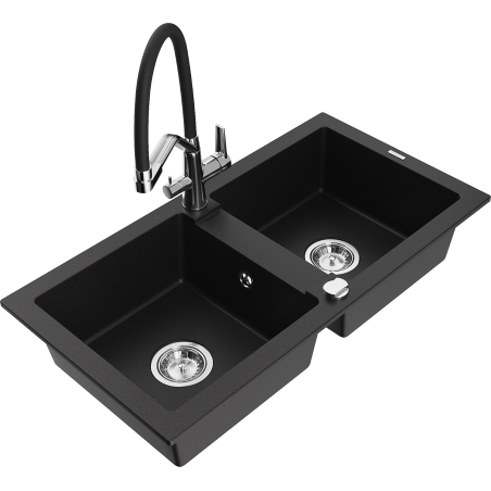 Mexen Mario 2-kamrás gránit mosogató konyhai csappal Duo, fekete - 6504-77-671701-07