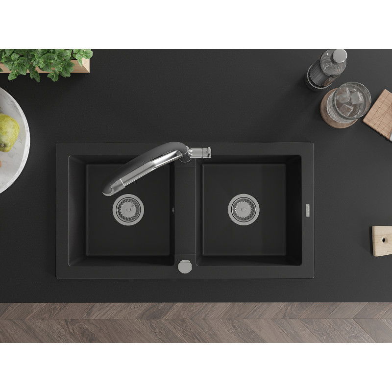 Mexen Mario 2-kamrás gránit mosogató konyhai csappal Duo, fekete - 6504-77-671701-07
