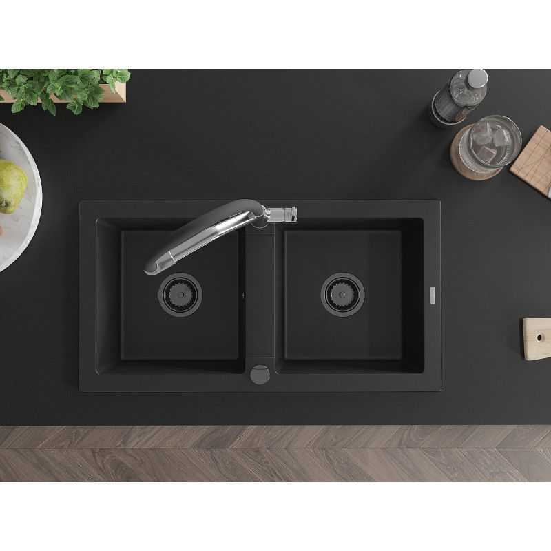 Mexen Mario chiuvetă de granit cu 2 compartimente și baterie de bucătărie Duo, negru - 6504-77-671701-07-B
