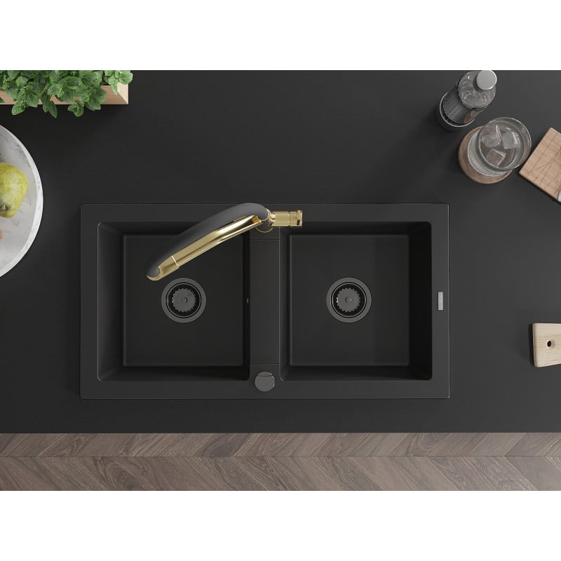 Mexen Mario chiuvetă din granit cu 2 compartimente cu baterie de bucătărie Duo, negru - 6504-77-671701-57-B