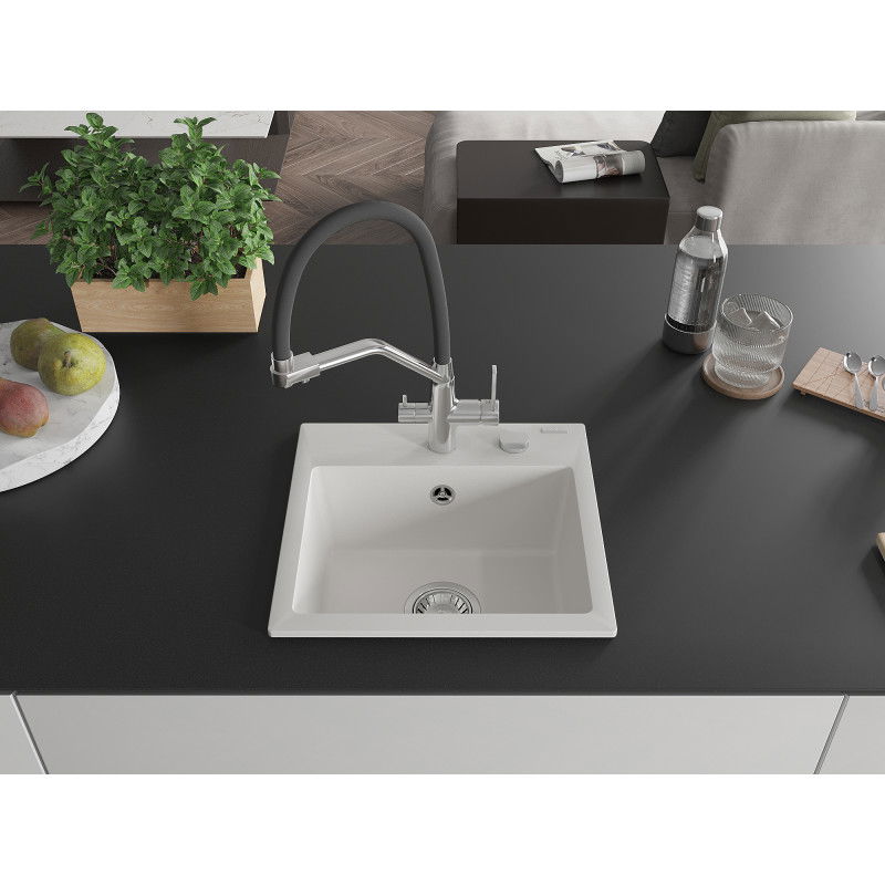Mexen Milo 1 rekeszes gránit mosogató Duo konyhai csapteleppel, fehér - 6505-20-671701-07
