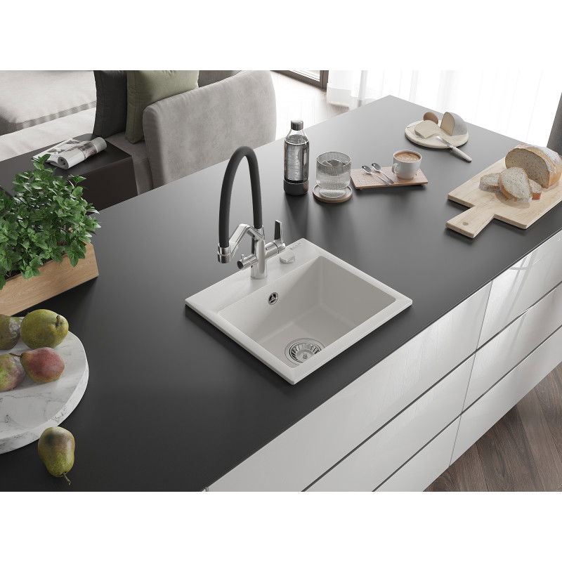 Mexen Milo chiuvetă de granit cu 1 compartiment și baterie de bucătărie Duo, alb - 6505-20-671701-07