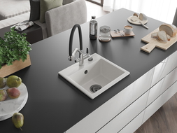 Mexen Milo chiuvetă de granit cu 1 cuvă cu baterie de bucătărie Duo, alb - 6505-20-671701-07-B