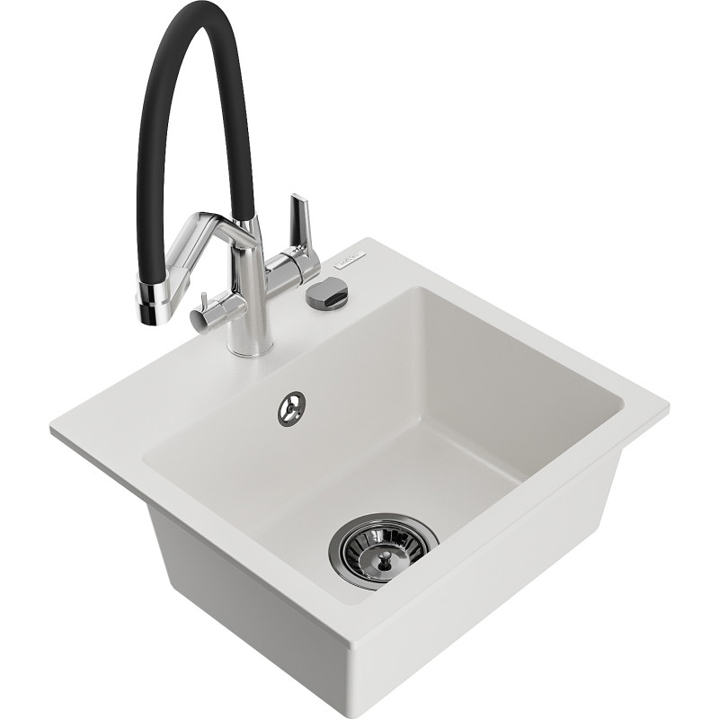 Mexen Milo chiuvetă de granit cu 1 compartiment cu robinet de bucătărie Duo, alb - 6505-20-671701-07-B