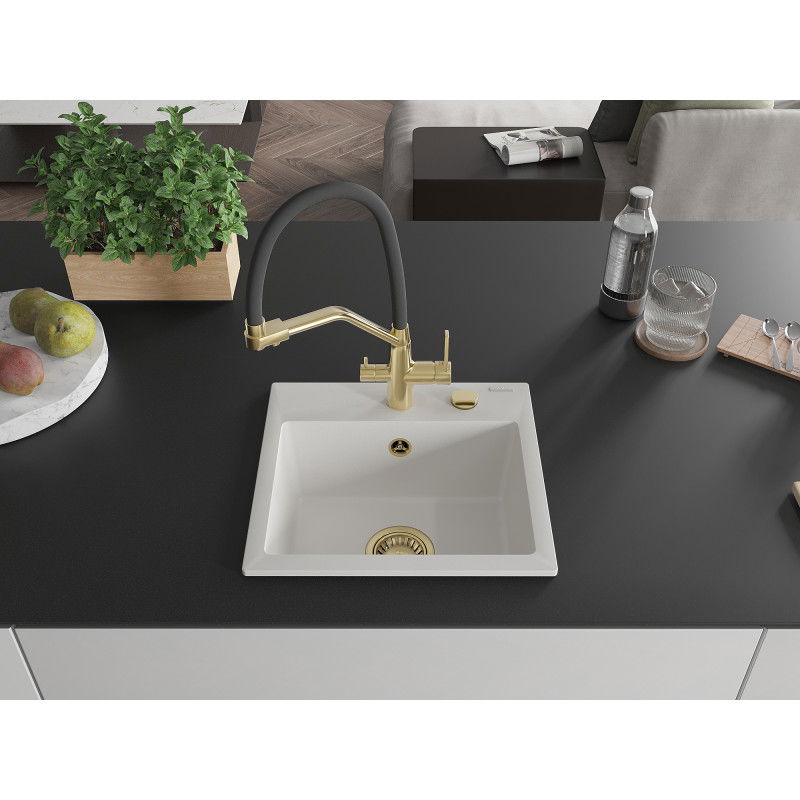 Mexen Milo 1-medencés gránit mosogató Duo konyhai csapteleppel, fehér - 6505-20-671701-57-G